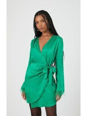 Forever 21 Wrap Satin Mini Dress Womens Large Green Feather Zebra Jacquard